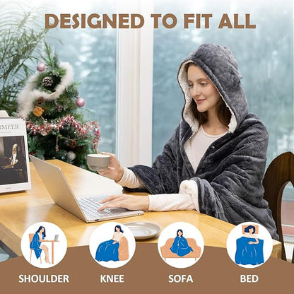 Wearable Heated Blanket, 40"x70" Eletric Throw with 6 Heating Levels and 12 Hours Timer, Heated Wrap Poncho Shawl & Hoodies with Pockets, Machine Washable with ETL Certification, Gray