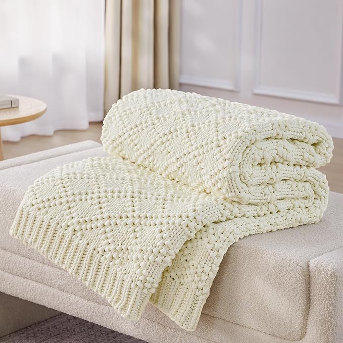 Knitted Weighted Blanket for Adult, Chunky Knit Weighted Throw for Sleep 60"*80" 12lbs, Cooling Breathable Machine Washable Heavy Blanket for Room Decor (Ivory White, Queen)