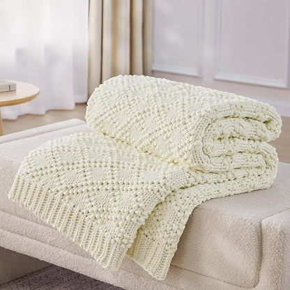 Knitted Weighted Blanket for Adult, Chunky Knit Weighted Throw for Sleep 50"*60" 5lbs, Cooling Breathable Heavy Blanket for Hot Sleepers, Machine Washable Blanket for Room Decor(Ivory White)