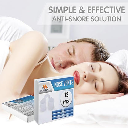 Nose Vent Sinus Relief Dilator (Pack of 12 Large Size) Soft Vents - A Simple Solution for Nasal Snorers - Reusable Snoring Device to enjoy a peaceful night's sleep - by Mobi Lock