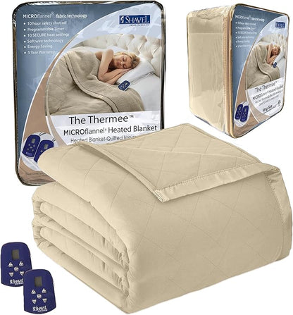 Thermee Micro Flannel Heated Blanket King Size - 10 Settings, Programmable, Rapid Heating - Tan