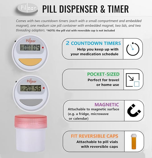 Portable Pill Organizer Dispenser with Timer Cap for Medication, Supplements and Vitamins. Perfect for Travel or Home Use.