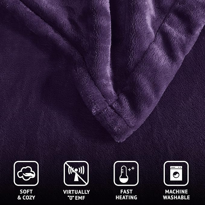 Beautyrest Heated Electric Blanket for Cold Weather, Fast Heating Heated Blanket, Auto Shut Off, Virtually Zero EMF, Multi Heat Setting, UL Certified, Purple Full (84 inx80 in)