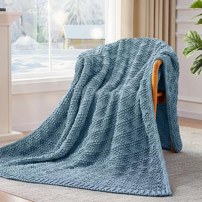 Knitted Weighted Blanket for Adult, Chunky Knit Weighted Throw for Sleep 50"*60" 7lbs, Cooling Breathable Heavy Blanket for Hot Sleepers, Machine Washable Blanket for Room Decor(HazeBlue)