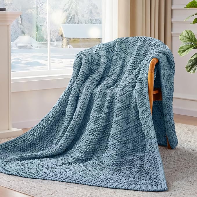 Knitted Weighted Blanket for Adult, Chunky Knit Weighted Throw for Sleep 60"*80" 17lbs, Cooling Breathable Machine Washable Heavy Blanket for Room Decor (HazeBlue, Queen)