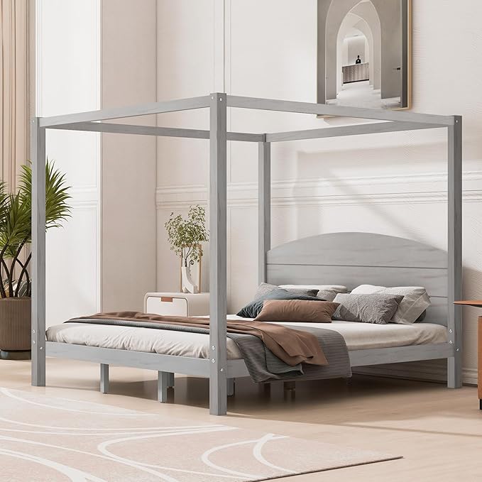 LUMISOL Canopy Bed Frame King Size, Solid Wood Four Posters Bed Frame with Headboard & Slat Support Legs, No Box Spring Needed, Grey Wash