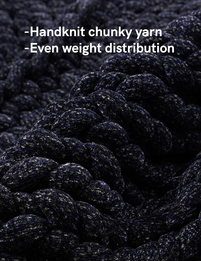 YnM Chenille Weighted Blanket, Handmade Chunky Knitted Design, Soft and Cozy, Temperature Regulating and Breathable, Machine Washable Throw for Sleep or Home Decor (Black Blue, 50x60 Inch, 10lbs)