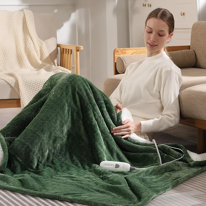 Heated Blanket King Size 90"x100" Electric Blanket King with Dual Control 5 Heat Settings, 10H Auto Off, FCC/ETL Certified, Wheat Pattern Flannel, Grandma, Machine Washable, Green