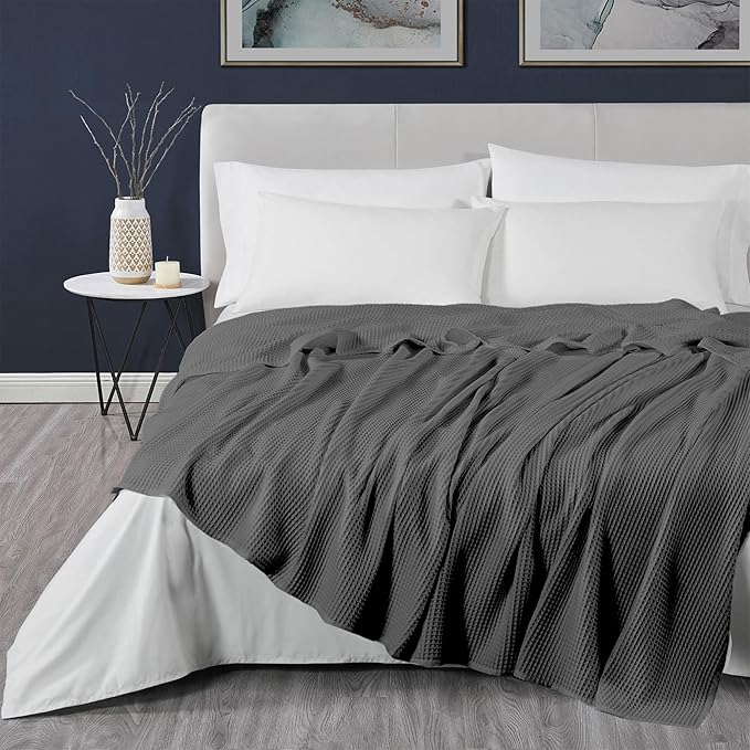 DOZ by SIJO Waffle Bed Blanket, 50% Viscose Derived from Bamboo and 50% Cotton Blend, Lightweight, Ultra Soft, Breathable, Summer Blanket (Storm, Throw (45"x70"))