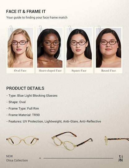 TIJN Olisa Blue Light Blocking Glasses for Women Men,Oval Glasses Frame Bluelight Glasses for Gaming/Computer/Screen