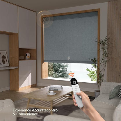 Boolegon Motorized Roller Blinds with Remote Control,Light Filtering Linen Fabric-Matched Automatic Roller Shades for Windows,Rechargeable Electric Window Shades for Home,Office,Grey,Custom Now
