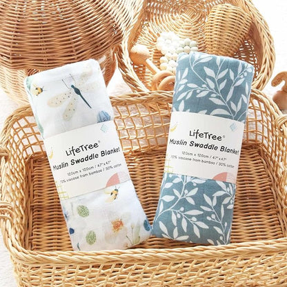 LifeTree Baby Swaddle Blankets, Boys Girls Muslin Swaddling Wrap Receiving Blanket for Newborn, 70% Viscose from Bamboo and 30% Cotton, Large 47" x 47", Blue Floral and Leaf