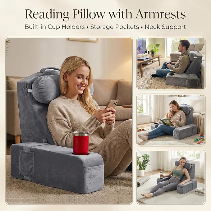 AS AWESLING 19 INCH Reading Pillow for Adults, Back Pillow for Bed Sitting Up, Backrest Pillow for Sitting in Bed, Detachable Arms with Built-in Cup & Phone Caddy (Gray, 19 INCH)