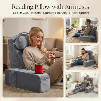 AS AWESLING 19 INCH Reading Pillow for Adults, Back Pillow for Bed Sitting Up, Backrest Pillow for Sitting in Bed, Detachable Arms with Built-in Cup & Phone Caddy (Gray, 19 INCH)