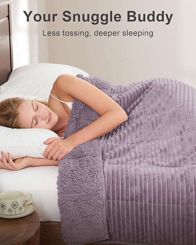 Sherpa Fleece Weighted Blanket with Ribbed Stripes for Adults, 15 lbs Dual Sided Cozy Warm Blanket for Couch Full Size Bed, Ceramic Beads Heavy Thick Blankets Great for Sleep, Light Purple, 60" x 80"