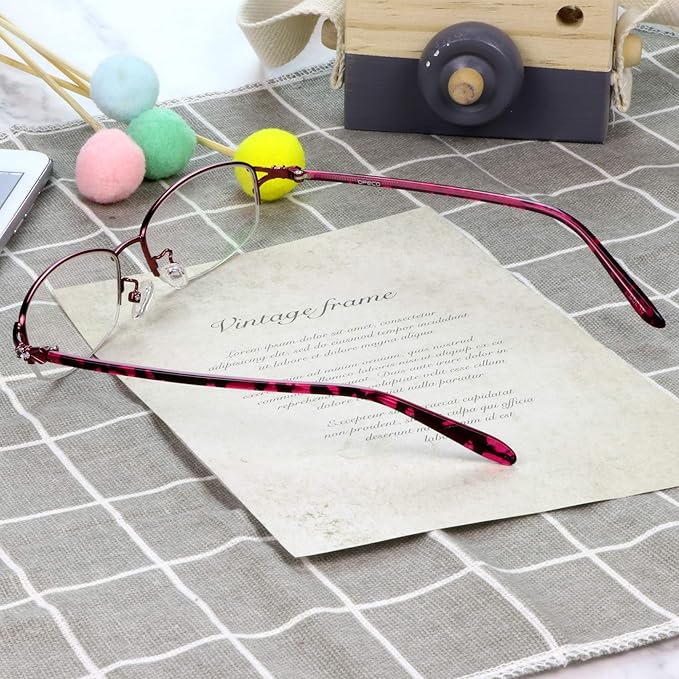 LifeArt Alloy Semi-Rimless Reading Glasses,Blue Light Blocking Glasses, Anti Eyestrain, Computer Gaming Glasses, TV Glasses for Women Men, Anti Glare (Red, +4.00 Magnification)