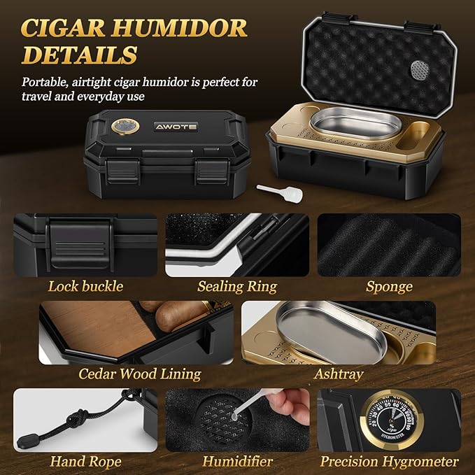 Travel Cigar Humidor Set with Torch Lighter, Ashtray, Holder, Humidifier & Hygrometer, Portable Travel Cigar Case with Cigar Accessories for Men Gift, Butane not included