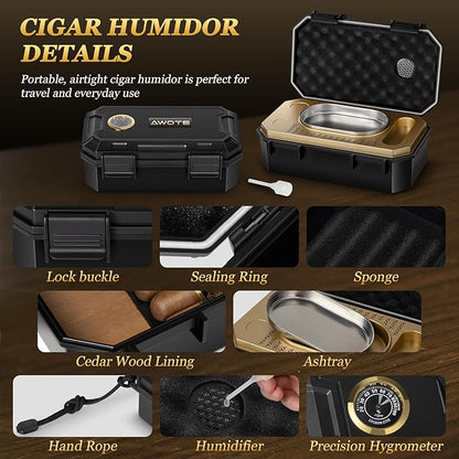 Travel Cigar Humidor Set with Torch Lighter, Ashtray, Holder, Humidifier & Hygrometer, Portable Travel Cigar Case with Cigar Accessories for Men Gift, Butane not included
