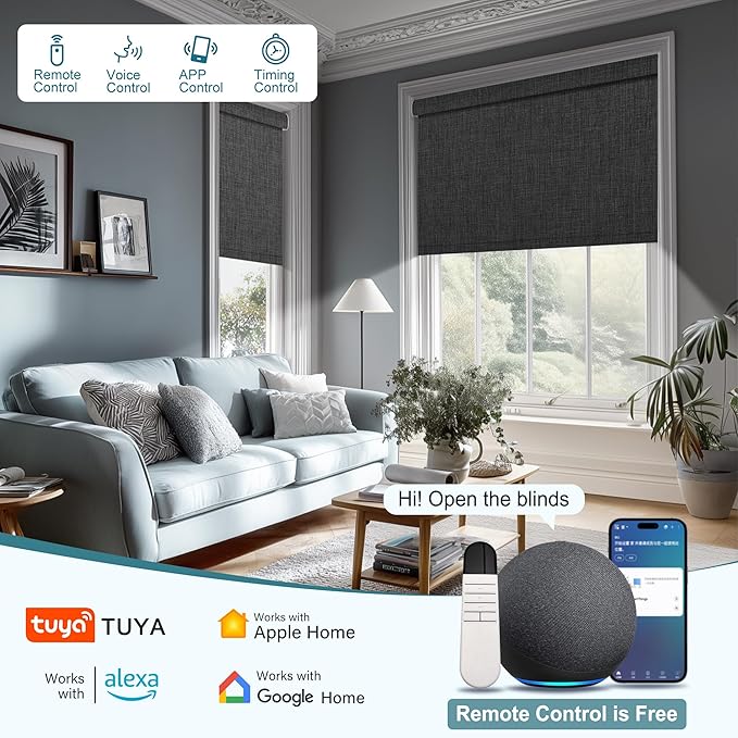Motorized Blinds with Remote,Blackout Smart Roller Shades with App,Voice Control,Linen Fabric,Thermal Insulated Automatic Blinds,Electric Shades with USB/Solar Pannel.Double-Sided Black