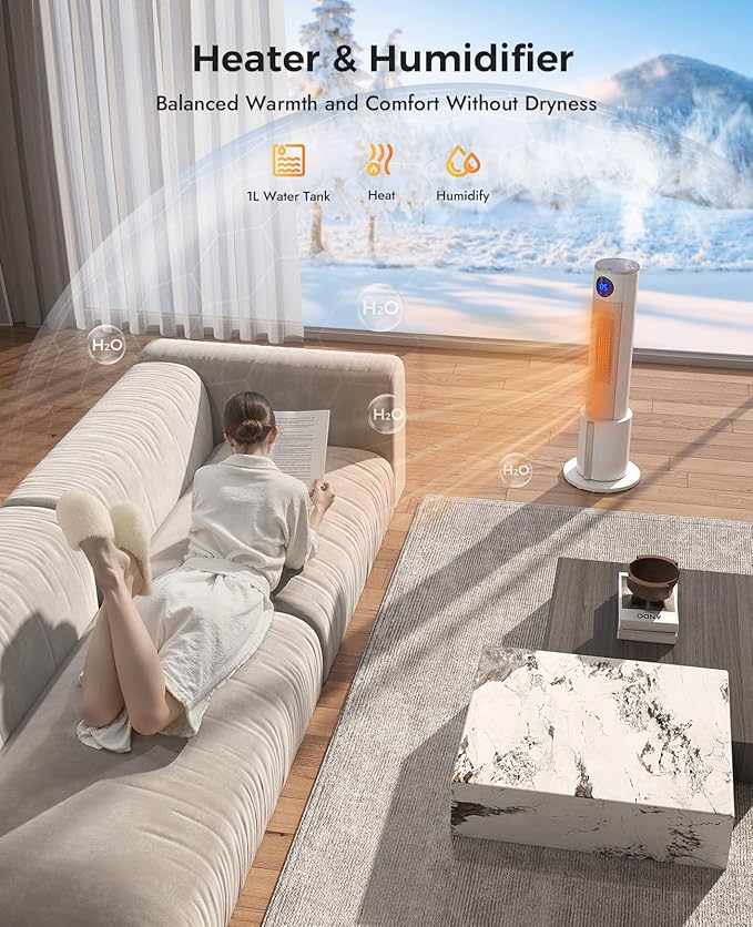 Space Heaters for Indoor Use - Portable Tower Heater with Humidifier, Remote, Adjustable Thermostat, 3 Heat Modes, Multiple Safety Protection, 12H Timer, Quiet Electric Heater for Bedroom