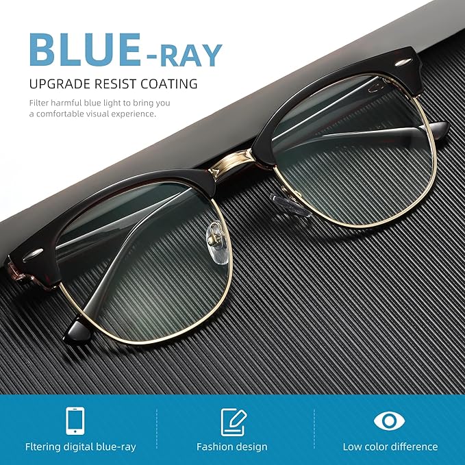 Blue Light Blocking Glasses Vintage Half Frame UV Clear Lens Anti Eyestrain Computer Gaming Glasses for Women Men(P51)