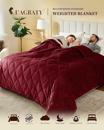 L'AGRATY Queen Size Weighted Blanket for Adults 15lbs, 60"x80" — Cooling Breathable Heavy Blanket with Glass Beads for Sleeping Perfect Hot Sleepers & Couples Machine Washable All-Season Wine Red