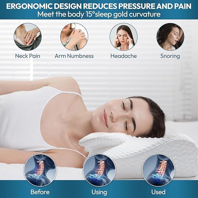 Cervical Neck Pillow for Sleeping – Memory Foam Cervical Pillow for Neck Pain Relief – Ergonomic Side Sleeper Pillow for Adults – Cooling Cervical Neck Pillow for Better Sleep & Support