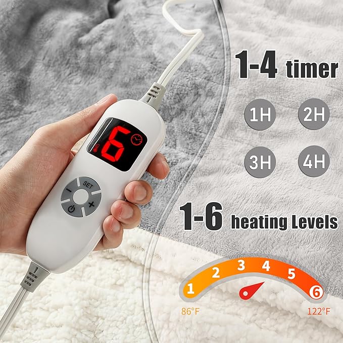 Heated Blanket Wearable Shaw - Electric Wrap Poncho Heated Throw Blanket with Hand Pockets, 50 * 64", 6 Heating Levels & 1-4H Timer, Ideal for Family, Light Grey