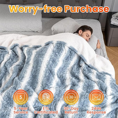 WOOMER Heated Blanket Full Size 77" x 84", Electric Blanket with a Control, 0.5-12 Hours Timer & 10 Heating Levels, ETL Certified, Blue White Flowers Patterns Faux Fur & Sherpa, Machine Washable