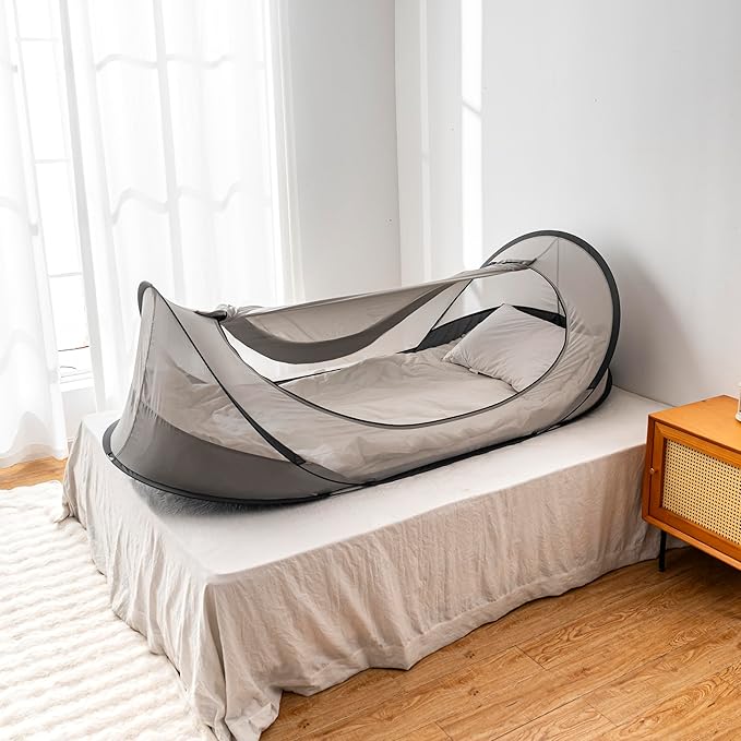 EMF Shielding Pop-up Tent for Bed & Travel - Portable Single Person Electromagnetic Field Protection Canopy, Silver Nylon Fabric with Carry Case