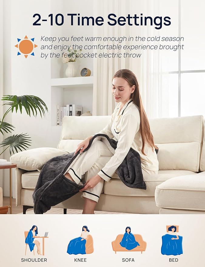 Westinghouse Electric Throw Blanket with Foot Pocket for Adults, Soft Flannel to Sherpa Heated Throw with 6 Heating Levels & 2-10 Hours Time Settings, Fast Heating & Machine Washable, 50x62, Charcoal