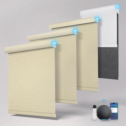 Motorized Blinds with Remote,Light Filtering Smart Roller Shades with App,Voice Control,Thermal Insulated Automatic Blinds,Electric Shades with USB/Solar Pannel.Filter Linen Beige