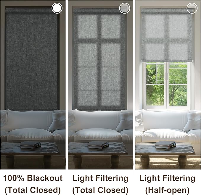 BERISSA Light Filtering Roller Shades for Windows, Cordless With Cassette Valance, Linen Blinds, Thermal Insulation for Home Door Office - Grey, 27" W x 72" H