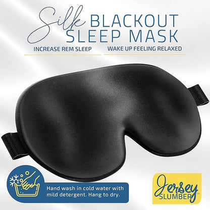Silk Sleep Eye Mask for Men Women, Comfortable Super Soft Eye Mask with Adjustable Strap, 100% Pure Silk, Blocks Light, Jersey Slumber (Black, 1 Count (Pack of 2))
