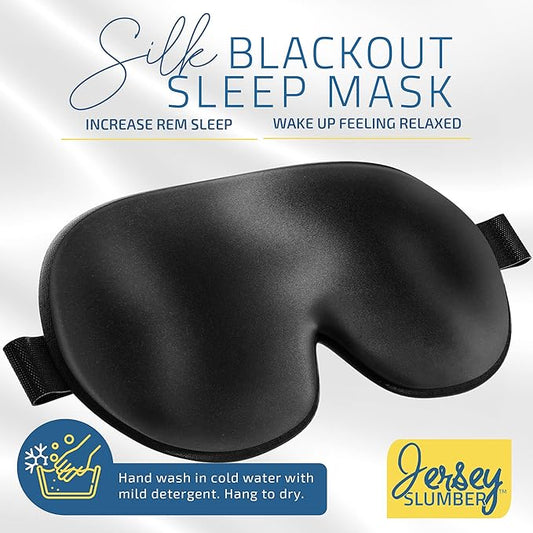 Silk Sleep Eye Mask for Men Women, Comfortable Super Soft Eye Mask with Adjustable Strap, 100% Pure Silk, Blocks Light, Jersey Slumber (Black, 1 Count (Pack of 2))