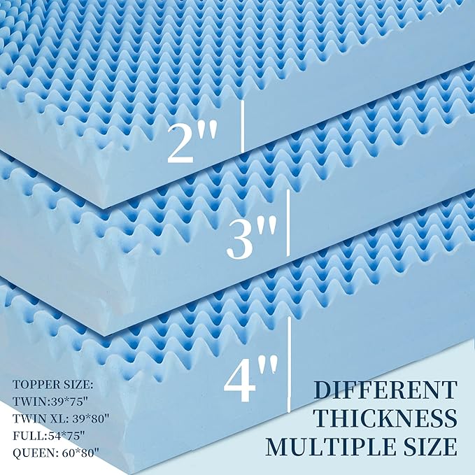 2 Inch Twin Mattress Topper Memory Foam Mattress Topper Twin Size Egg Crate Foam with Cooling Gel, Plush Feel Breathable Pressure Relief Matress Pad for Bedroom, College, RV, Cooling Blue