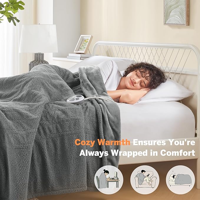 Serta Heated Electric Queen Blanket - Soft, Warm, Fuzzy for Office, Couch - 1-12 Hr Auto Shut Off, 10 Heat Settings, ETL Certified - 84" x 90" Grey