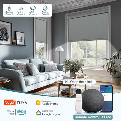 BERISSA Motorized Blinds with Remote,Blackout Smart Roller Shades with App,Voice Control,Linen Fabric,Thermal Insulated Automatic Blinds,Electric Shades with USB/Solar Pannel.Double-Sided Light Grey
