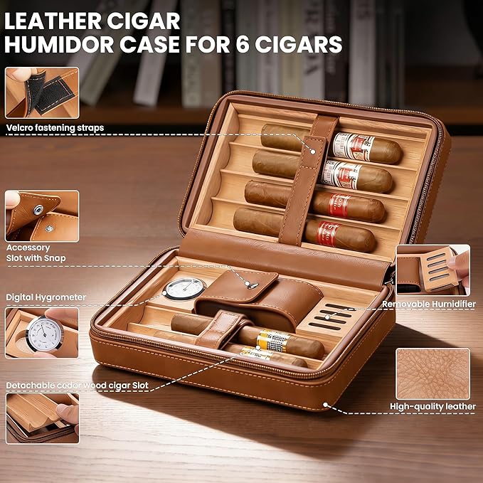 Cigar Humidor Box, Cedar Wood Lined Leather Cigar Case Build in Hygrometer and Humidifier, Travel Cigar humidor kit, Cigar Accessories Set for Man.