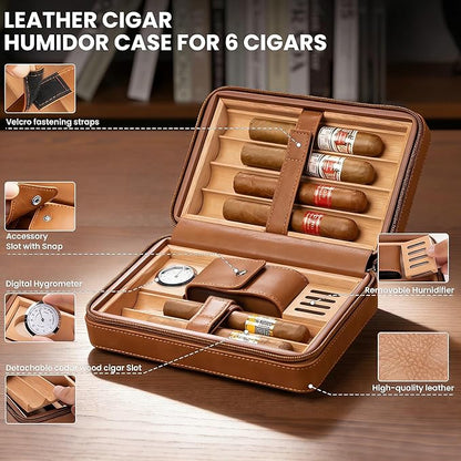 Cigar Humidor Box, Cedar Wood Lined Leather Cigar Case Build in Hygrometer and Humidifier, Travel Cigar humidor kit, Cigar Accessories Set for Man.