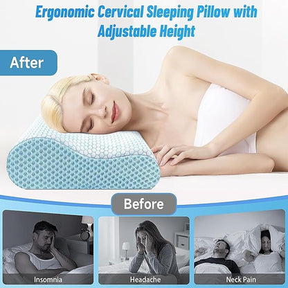 CloudBliss Memory Foam Pillow, Ergonomic Neck Contour Cervical Pillow for Back and Shoulder Pain, Orthopedic Pillow for Neck Pain Relief, for Sleeping Side, Back, Stomach Sleepers - Blue, King