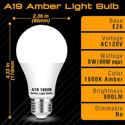 A19 Amber Sleep Light Bulbs, 1800K Warm Light Bulb 60W Equivalent, Blue Light Blocking, 9W 800lm, E26 Bright Amber Light Bulb for Healthy Sleep, Bedroom, Porch, Patio Lighting, Non-Dimmable, 2 pack