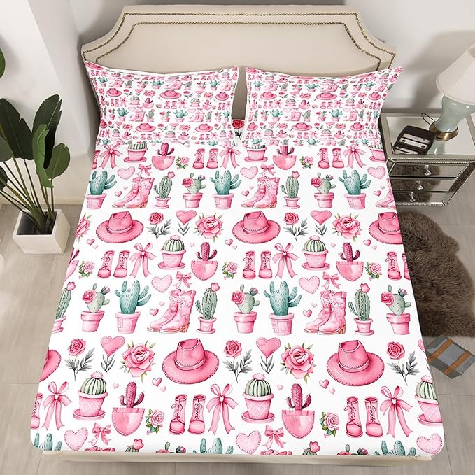 Cowgirl Boots Bedding Set Full Size,American Western Tribal Hats Desert Cactus Fitted Sheet,Dreamy Pink Bowknots Roses Flowers Sheet Set for Kids Teens Adults Bedroom Decor,2 Pillowcases