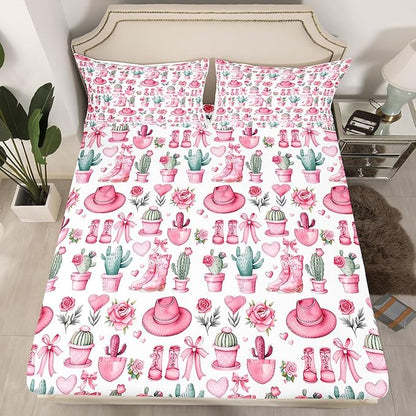 Cowgirl Boots Fitted Sheet Twin Size,American Western Tribal Hats Desert Cactus Bed Sheet with 1 Pillowcase,Dreamy Pink Bowknots Roses Flowers Soft Decorative Fabric Bedding,Room Gift