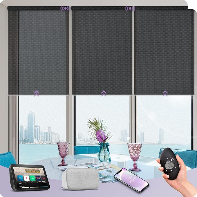 Graywind Motorized Solar Shades Compatible with Alexa Google Remote Electric Window Shade Fireproof Smart Roller Blinds with Valance for Home Office Patio, Custom Size (5% Openness Black)