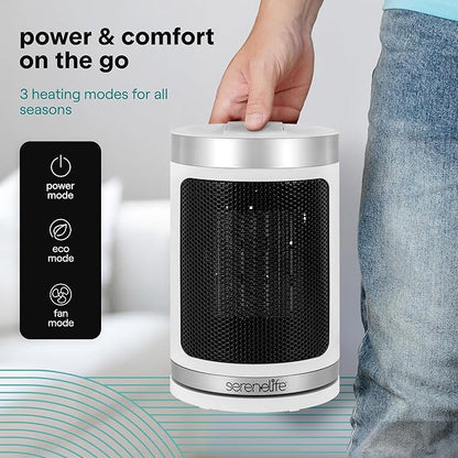SereneLife Portable Space Heater – 1500W PTC Ceramic Electric Heater with Thermostat, Remote, 12-Hour Timer, 3 Heating Modes, Oscillation, Safe & Quiet for Home, Office, Bedroom (White)