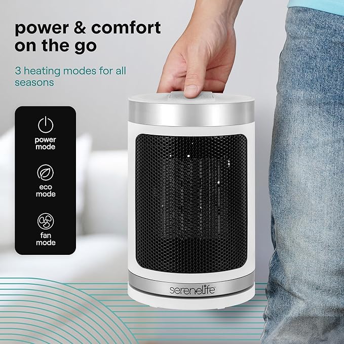 SereneLife Smart Space Heater – 1500W Indoor Electric Heater with Thermostat, Remote Control, 12-Hour Timer, Wi-Fi Enabled PTC Ceramic Heating for Home and Office, White (5.9" x 5.9" x 9.5")