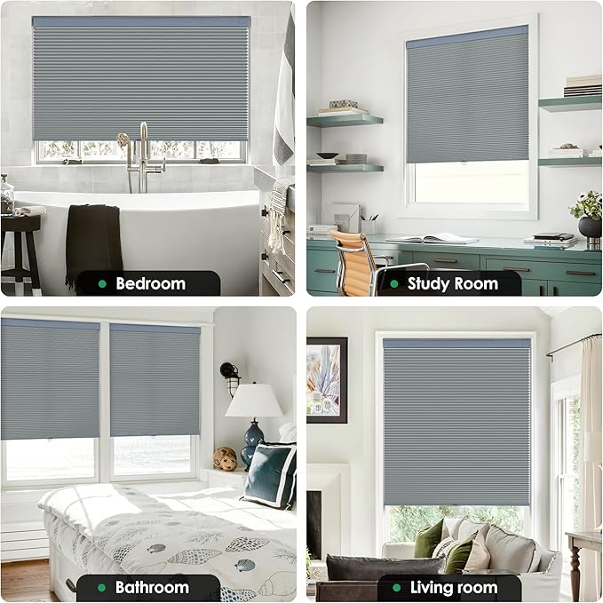 LazBlinds No Tools No Drill Cordless Cellular Shades, Light Filtering Honeycomb Shades for Home, Thermal Insulation Blinds for Windows, 58" W x 64" H, Dark Grey