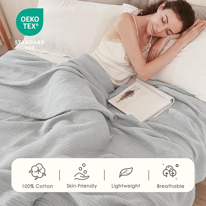 EMME Cotton Muslin King Blanket Big Oversized Bed Layering Bedspread Coverlet Breathable Gauze Soft Lightweight Blankets (Light Grey, 120"x94")