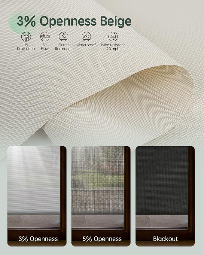 Yoolax Motorized Outdoor Shades Smart Retractable Patio Screens with App & Remote Control, Electric Blinds for Porch Patio Waterproof Roller Shades 8X8ft (3% Openness Beige)